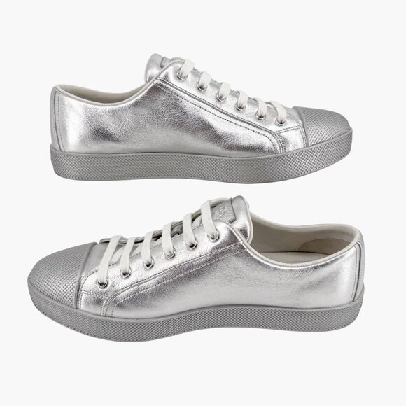 Prada Cap Toe Low Top Sneakers Size 41 US 11 Metallic Silver Leather Logo Shoe - Picture 10 of 14